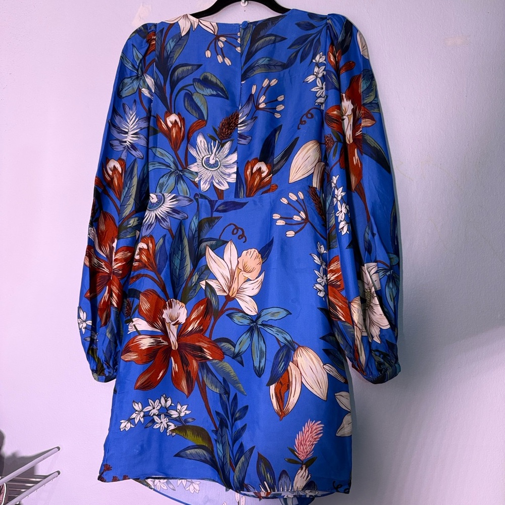 NWT FarmRio Floral Silk Blue Mini Dress XS - Picture 5 of 12